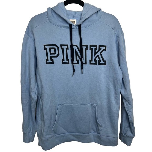 Y2K VICTORIA'S SECRET PINK XS Light Blue w Black Logo Oversized Women's Hoodie - Picture 1 of 3